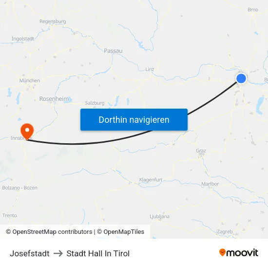Josefstadt to Stadt Hall In Tirol map