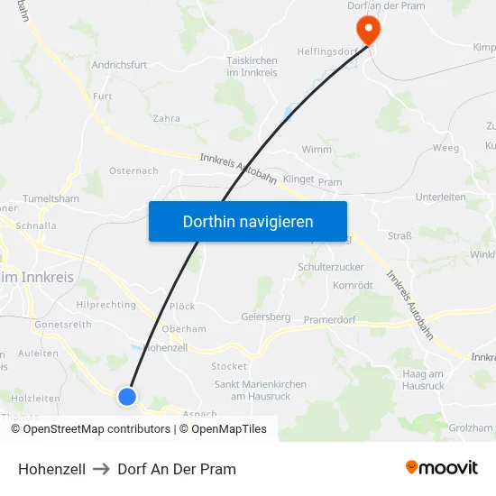 Hohenzell to Dorf An Der Pram map