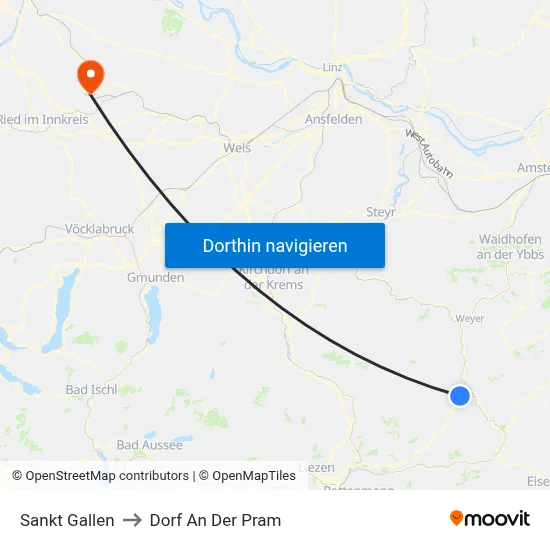 Sankt Gallen to Dorf An Der Pram map