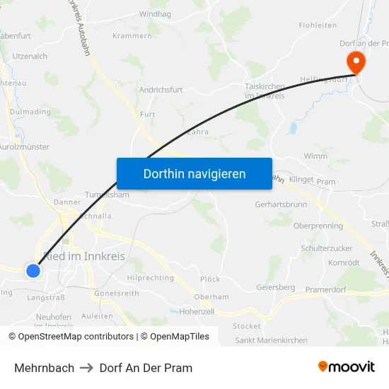 Mehrnbach to Dorf An Der Pram map