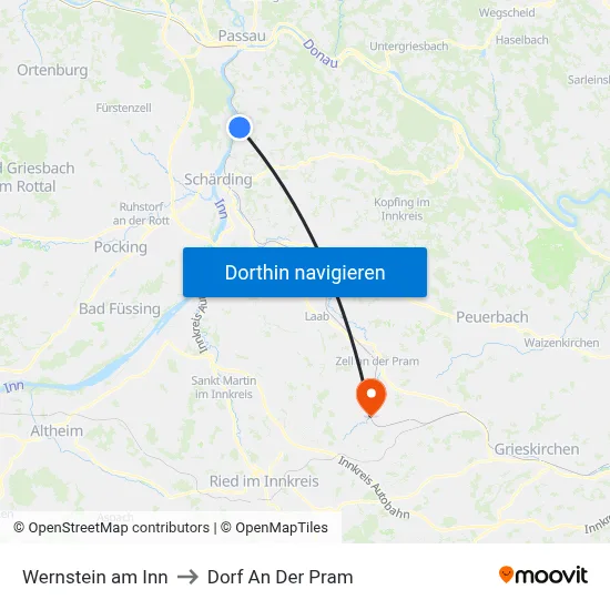 Wernstein am Inn to Dorf An Der Pram map