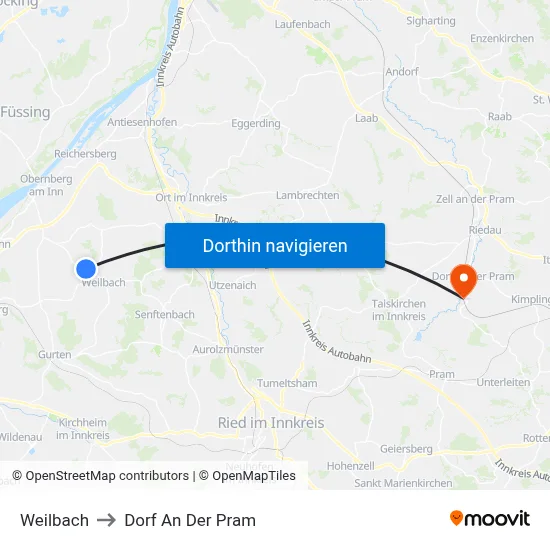 Weilbach to Dorf An Der Pram map