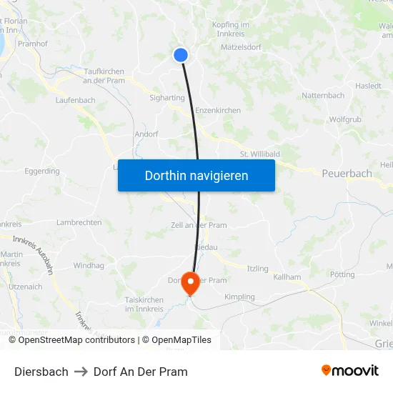 Diersbach to Dorf An Der Pram map