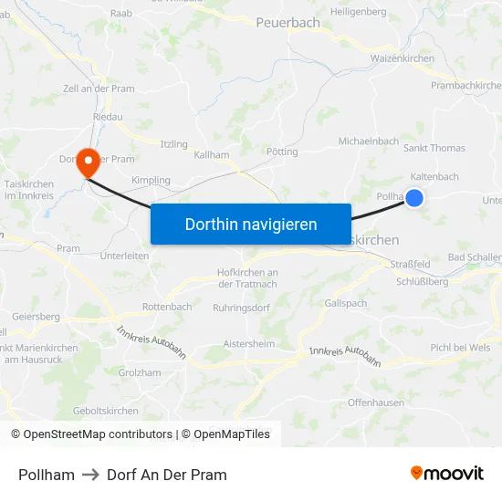 Pollham to Dorf An Der Pram map