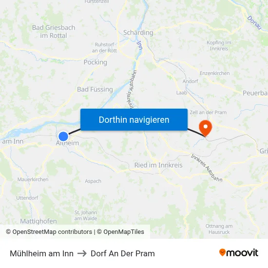 Mühlheim am Inn to Dorf An Der Pram map