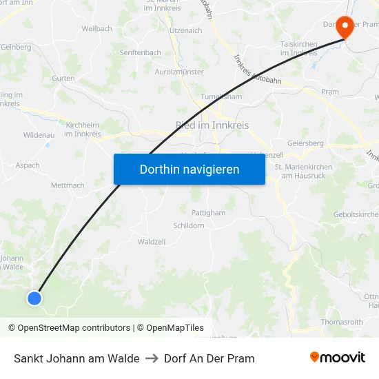 Sankt Johann am Walde to Dorf An Der Pram map
