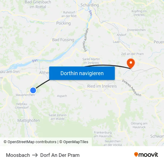 Moosbach to Dorf An Der Pram map