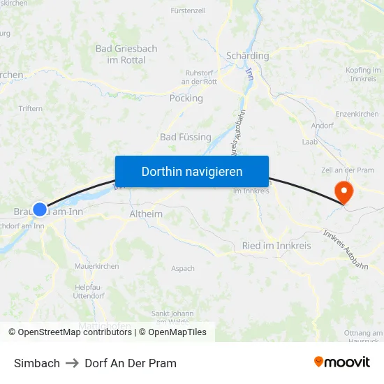 Simbach to Dorf An Der Pram map