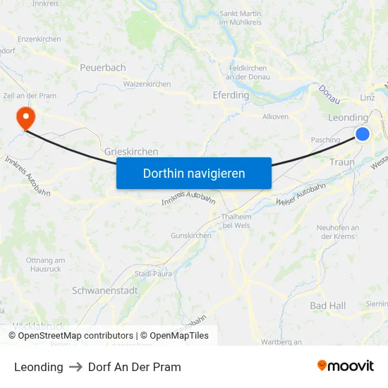 Leonding to Dorf An Der Pram map