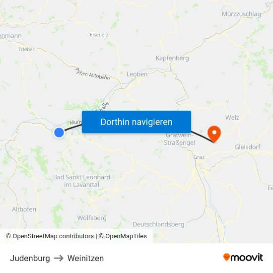 Judenburg to Weinitzen map