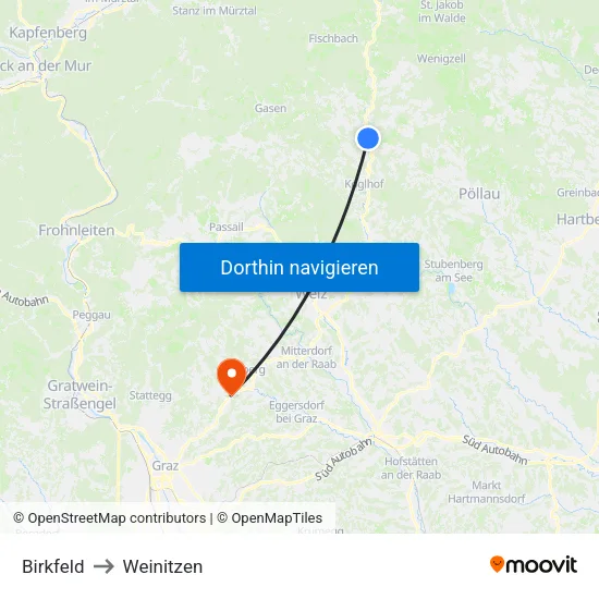 Birkfeld to Weinitzen map
