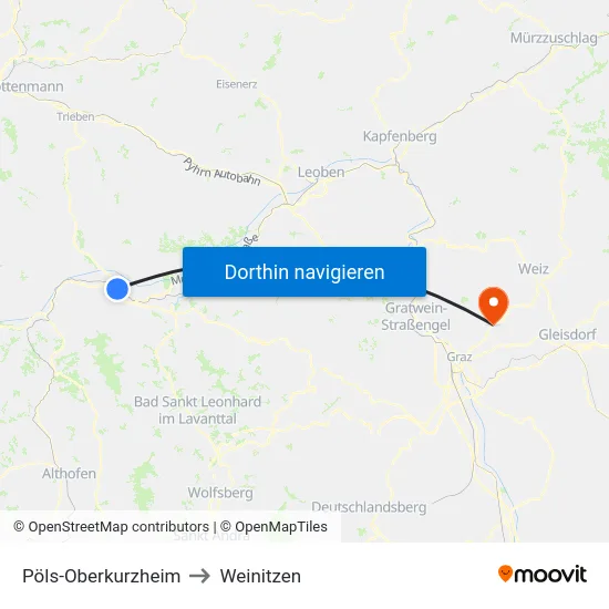 Pöls-Oberkurzheim to Weinitzen map