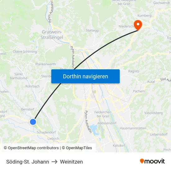 Söding-St. Johann to Weinitzen map
