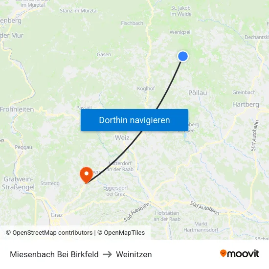 Miesenbach Bei Birkfeld to Weinitzen map