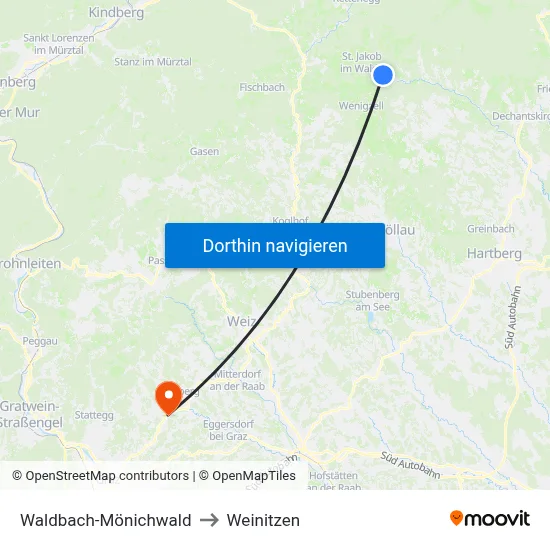 Waldbach-Mönichwald to Weinitzen map