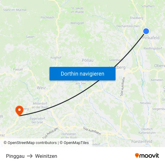 Pinggau to Weinitzen map