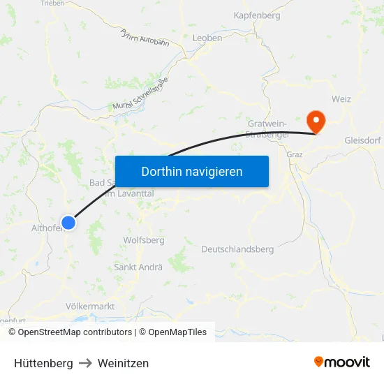 Hüttenberg to Weinitzen map