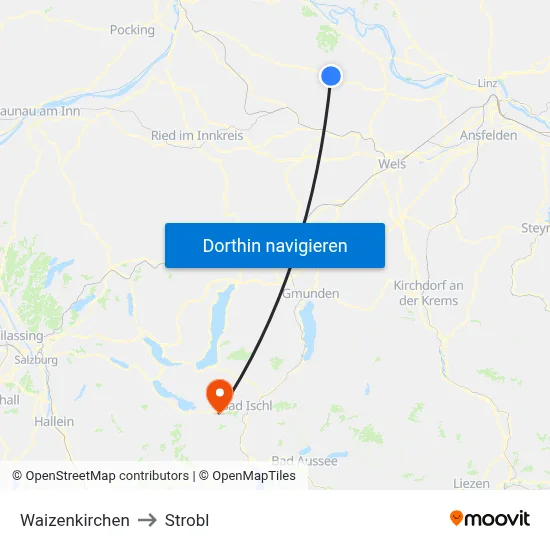 Waizenkirchen to Strobl map