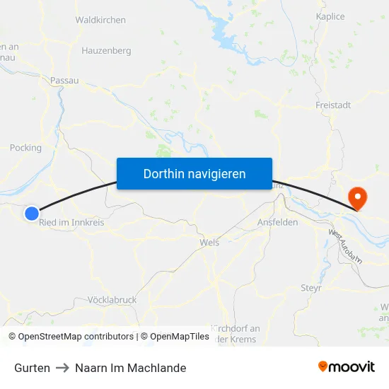 Gurten to Naarn Im Machlande map