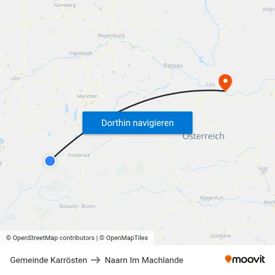 Gemeinde Karrösten to Naarn Im Machlande map