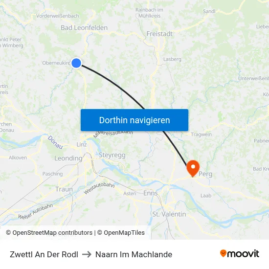 Zwettl An Der Rodl to Naarn Im Machlande map
