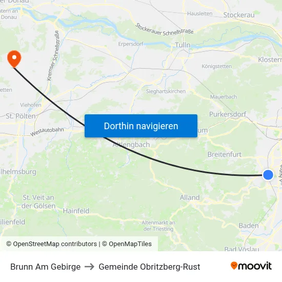 Brunn Am Gebirge to Gemeinde Obritzberg-Rust map