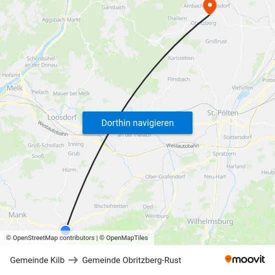 Gemeinde Kilb to Gemeinde Obritzberg-Rust map