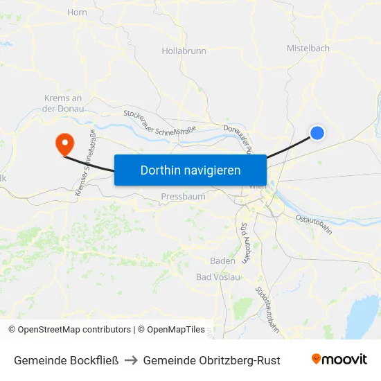 Gemeinde Bockfließ to Gemeinde Obritzberg-Rust map