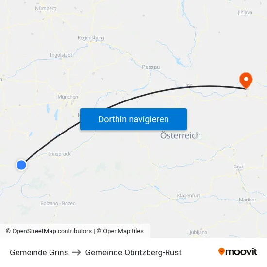 Gemeinde Grins to Gemeinde Obritzberg-Rust map