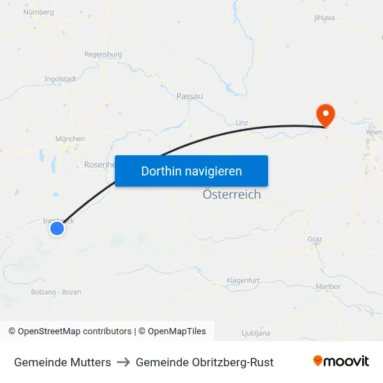 Gemeinde Mutters to Gemeinde Obritzberg-Rust map