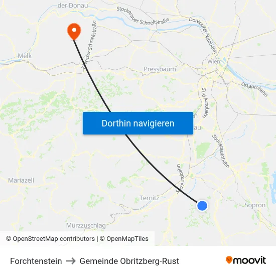 Forchtenstein to Gemeinde Obritzberg-Rust map