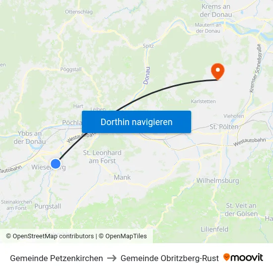 Gemeinde Petzenkirchen to Gemeinde Obritzberg-Rust map