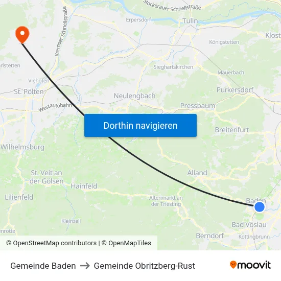 Gemeinde Baden to Gemeinde Obritzberg-Rust map