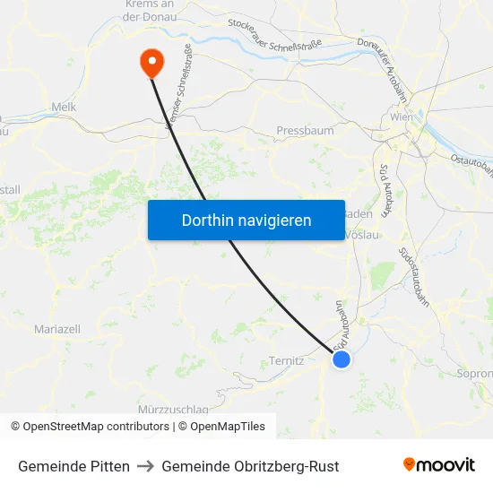 Gemeinde Pitten to Gemeinde Obritzberg-Rust map