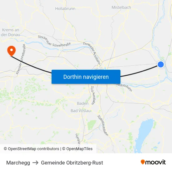 Marchegg to Gemeinde Obritzberg-Rust map