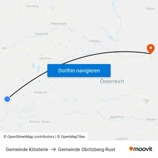 Gemeinde Klösterle to Gemeinde Obritzberg-Rust map