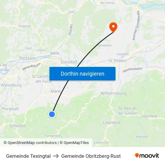 Gemeinde Texingtal to Gemeinde Obritzberg-Rust map