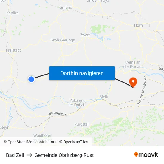 Bad Zell to Gemeinde Obritzberg-Rust map