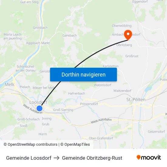 Gemeinde Loosdorf to Gemeinde Obritzberg-Rust map