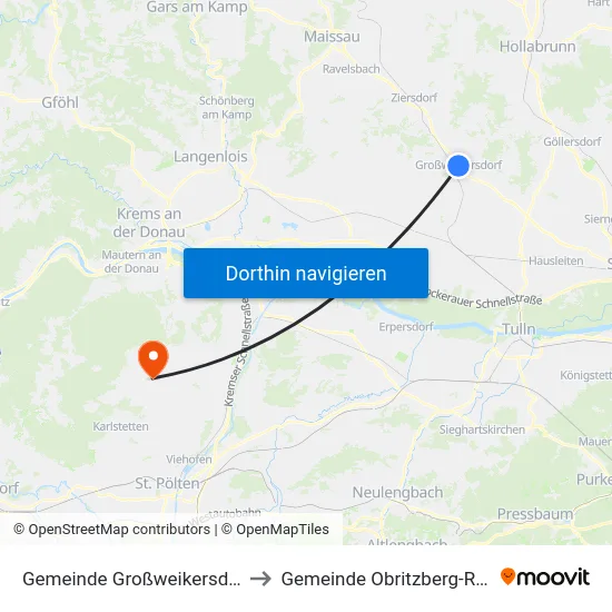 Gemeinde Großweikersdorf to Gemeinde Obritzberg-Rust map