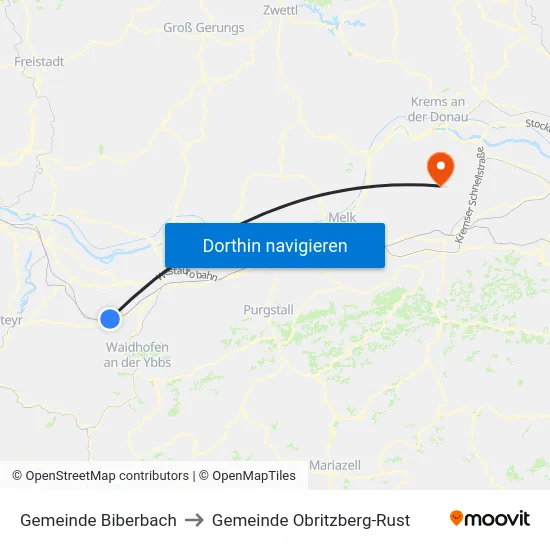 Gemeinde Biberbach to Gemeinde Obritzberg-Rust map