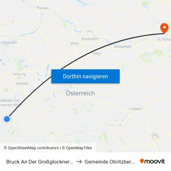 Bruck An Der Großglocknerstraße to Gemeinde Obritzberg-Rust map