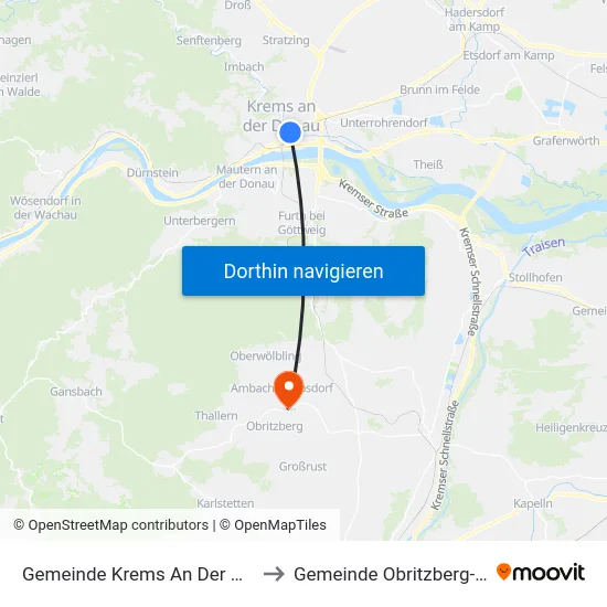 Gemeinde Krems An Der Donau to Gemeinde Obritzberg-Rust map