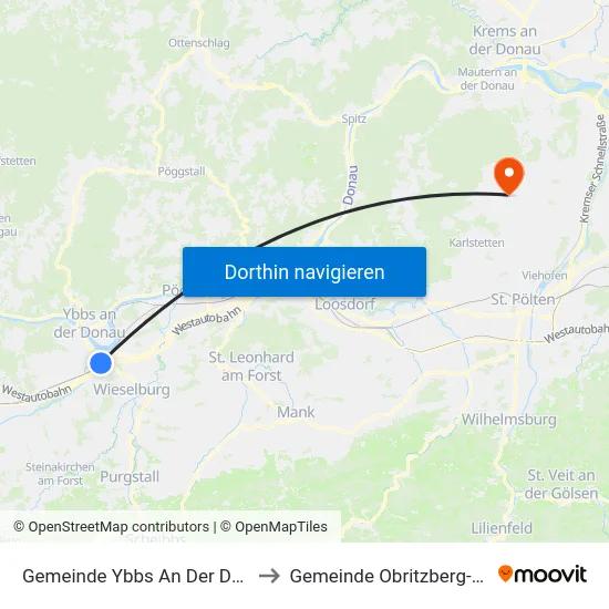Gemeinde Ybbs An Der Donau to Gemeinde Obritzberg-Rust map