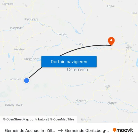 Gemeinde Aschau Im Zillertal to Gemeinde Obritzberg-Rust map