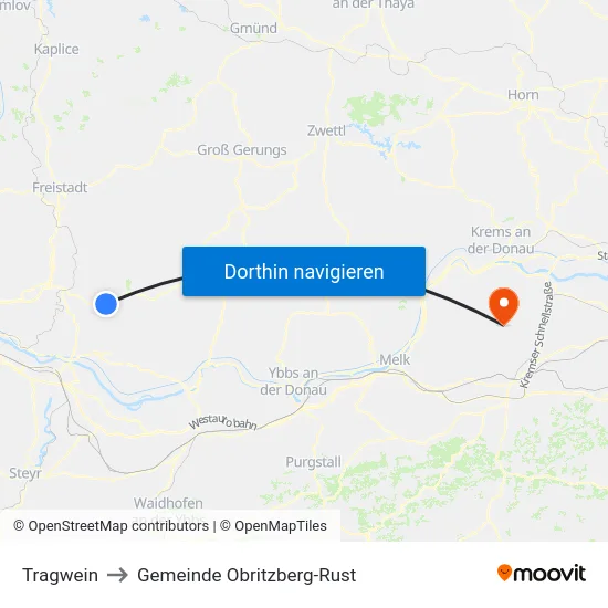 Tragwein to Gemeinde Obritzberg-Rust map
