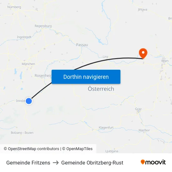 Gemeinde Fritzens to Gemeinde Obritzberg-Rust map