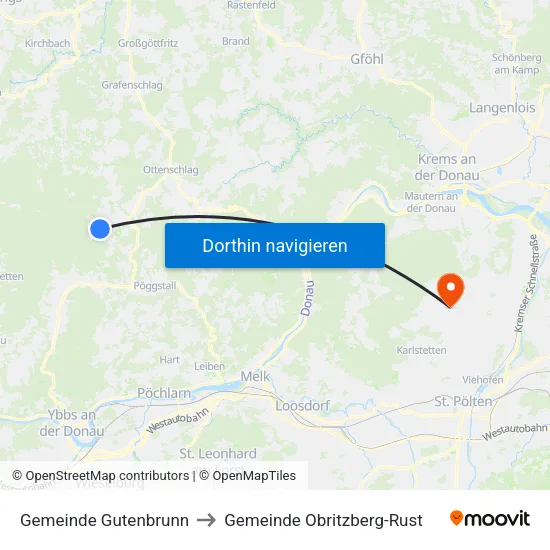 Gemeinde Gutenbrunn to Gemeinde Obritzberg-Rust map
