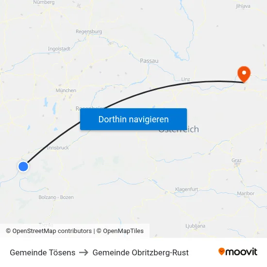 Gemeinde Tösens to Gemeinde Obritzberg-Rust map