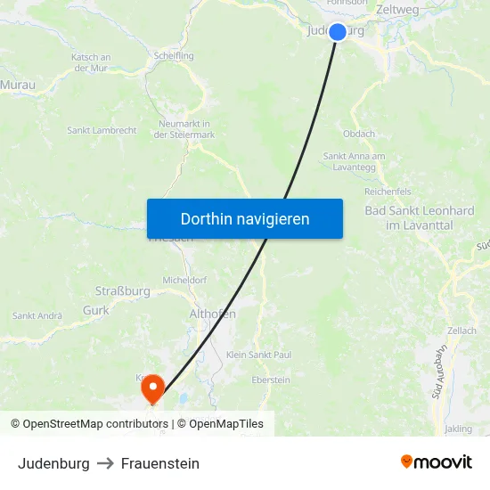Judenburg to Frauenstein map